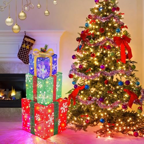 Lightess Snowflake Christmas Lighted Gift Boxes Set of 3 - Battery Operated Indoor Outdoor Holiday Decor