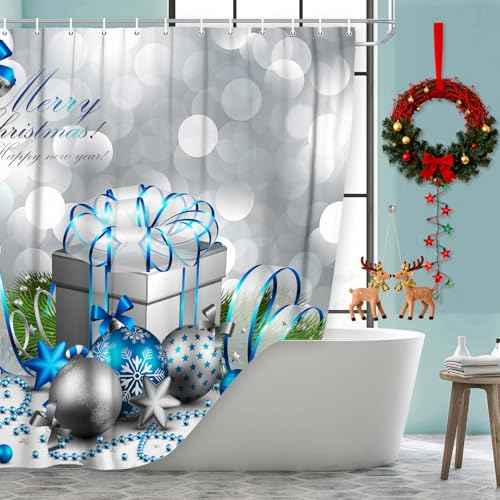 DYNH Holiday Shower Curtain, Happy Merry Christmas Silver and Blue Xmas Ball and Box for New Year Bath Curtains, Fabric Shower Curtain Bathroom Accessories 12PCS Hooks 69X70IN