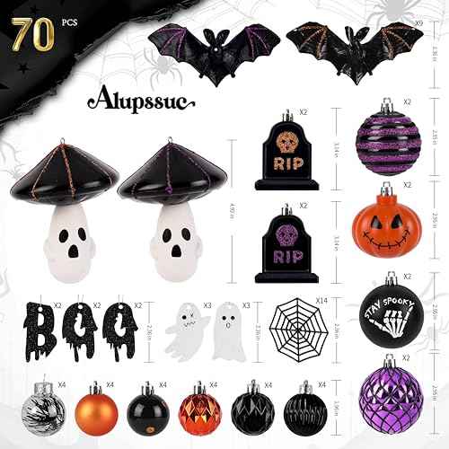 Alupssuc 70pcs Clearance Halloween Tree Ornaments Set,Multiple Patterns Shatterproof Plastic Hanging Balls Decorations with Rope for Indoor Outdoor Halloween Party,Black & Orange & Purple