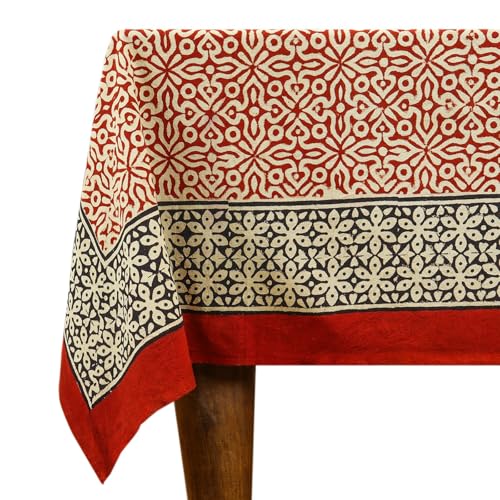 60x90 Inches Rectangle Hand Block Printed Cotton Tablecloth, Red