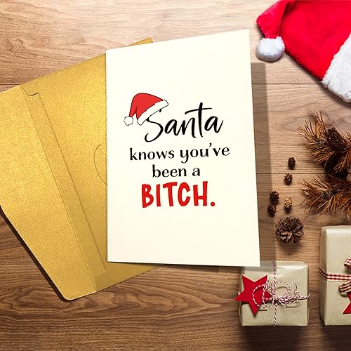 Bitch Christmas Card for Her - Funny Snarky Card for Bestie Sister, Santa Knows You've Been A Bitch