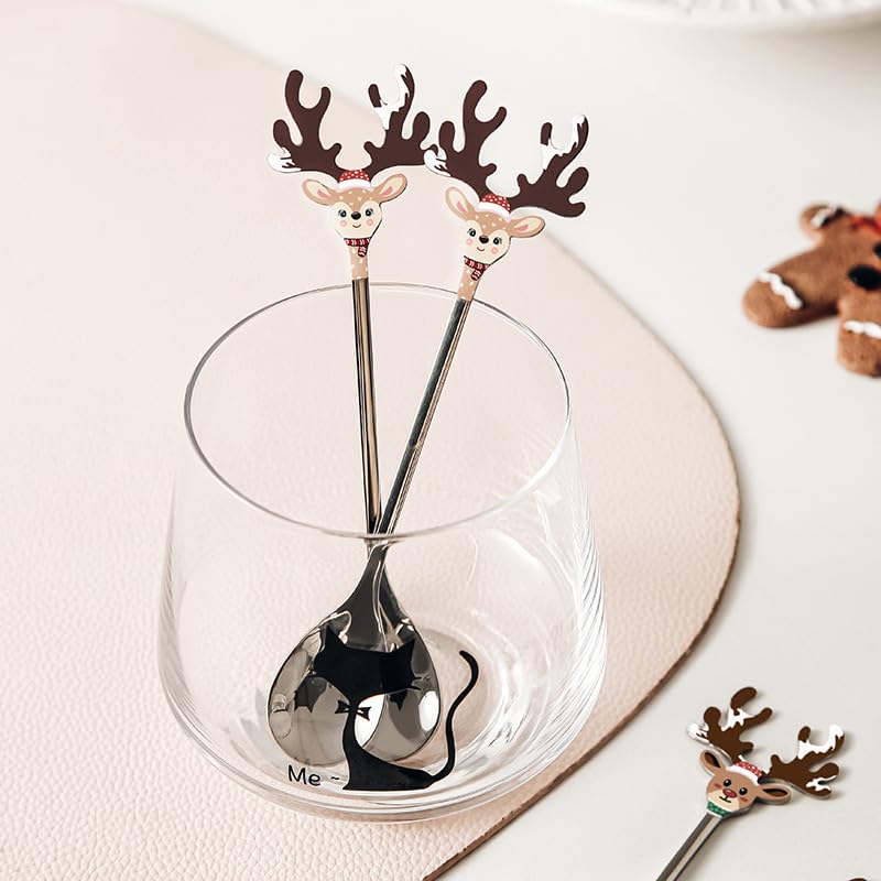 2Pcs Christmas Reindeer Coffee Spoons 5.6 Inch Elk Antler Tea Spoons