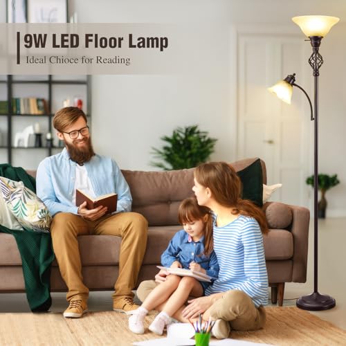 GyroVu Torchiere Floor Lamp for Living Room - Red Brown & Yellow Frosted Glass Shade