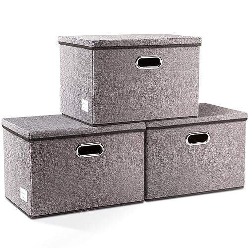 Gray 3-Pack Collapsible Linen Storage Bins with Lids - Large Closet Organizers