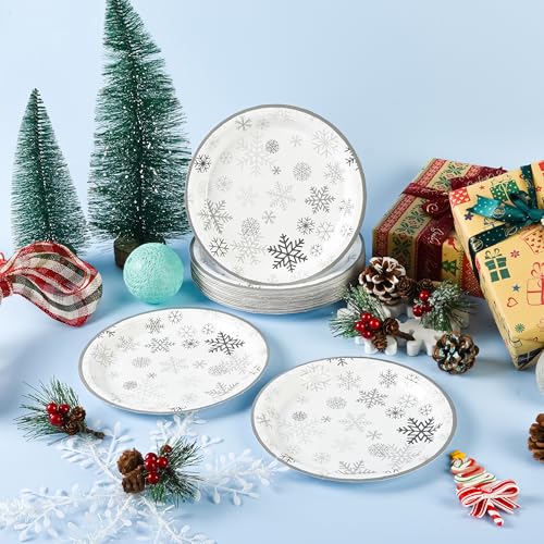 AimFun 48 Pcs Grey Snowflake 7-Inch Dessert Plates - Disposable Christmas Party Tableware