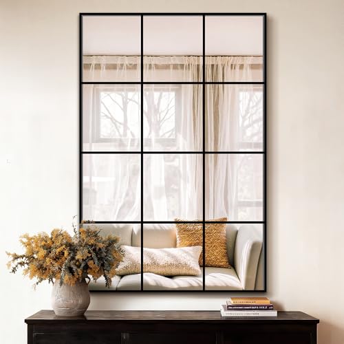 LAWADA 24x36 Black Window Pane Wall Mirror - Modern Rectangular Decor with Grid Design