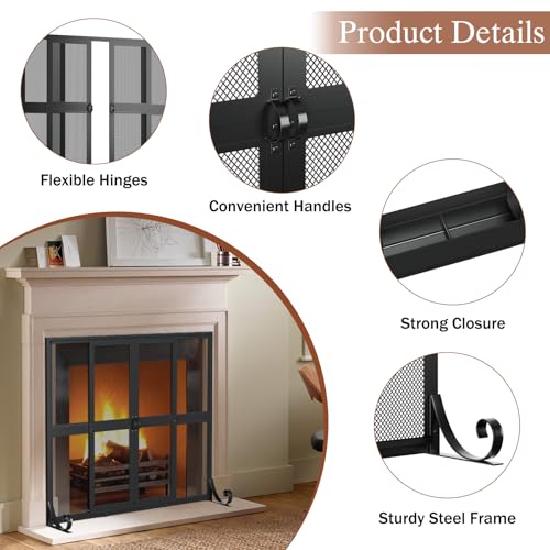 Fireplace Screen with Sliding Doors - Wrought Iron Spark Guard Cover 37.8 x 30.7 inches