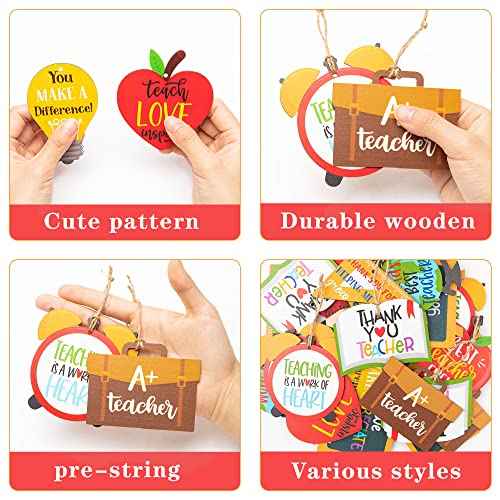 WATINC 31PCS Teacher Appreciation Wooden Ornaments, Graduation Hanging Pendants Decoration Thanksgiving Party Favor, Thank You Teachers First and Last Day of School Back to School for Classroom Decor