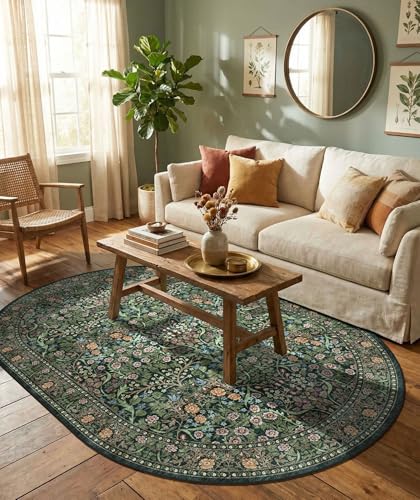 Dark Green Floral Oval Rug - 6x9 Boho Living Room Area Rug - Non-Slip, Machine Washable