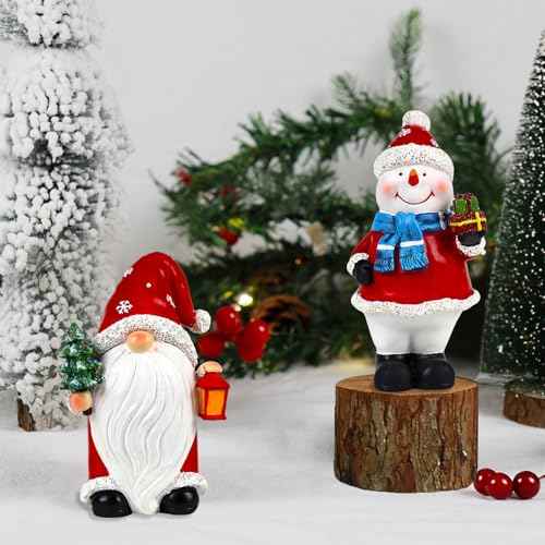 Christmas Gnome Figurines 2 PCS Xmas Snowman Decoration Indoor Resin Collectible Statue Cute Holiday Ornament for Table Home