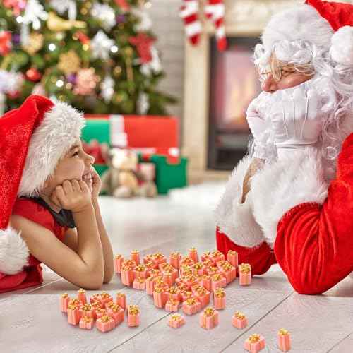 Bucherry 50 Pcs Christmas Miniature Resin Gift Boxes Pink and Gold Mini Christmas Ornaments Xmas Miniature Figurines Charms for Craft DIY Garden Accessories