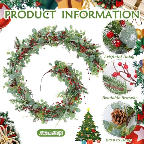 YLOLUL 6.5 Ft Artificial Eucalyptus Garland with Red Berries & Pinecones Pinecone Variant for Christmas Holiday Home Decor