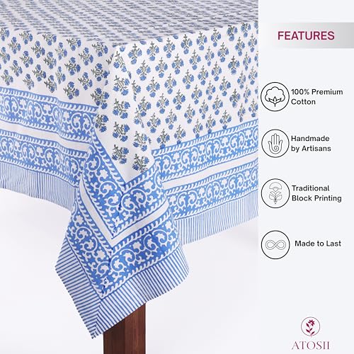 ATOSII Gulbahar Blue 100% Cotton Fall Rectangle Tablecloth 60x108 Inches, Hand Block Print, Washable, Perfect for Holidays & Events
