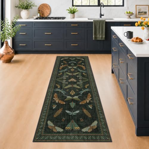 2' x 6' Dark Green Washable Runner Rug for Hallway and Kitchen, Non Slip Floral Indoor Floor Mat