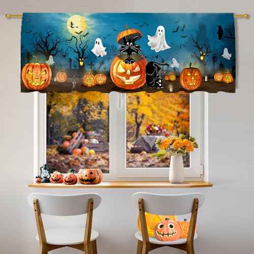 Halloween Valance Curtain for Kitchen, Halloween Decorations Black Cat Ghost Window Valance for Living Room Bedroom, Blue Valance 18" X 54" Pumpkin Decor Window Treatment Rod Pocket Valances