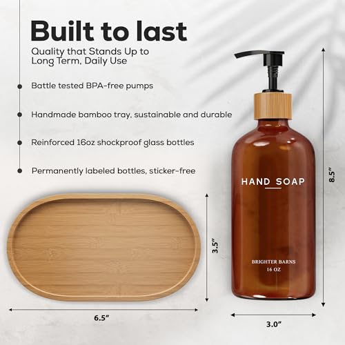 Amber Glass Hand and Dish Soap Dispenser Set with Bamboo Pump and Tray - Modern Kitchen Decor - Variation of Amber Hd