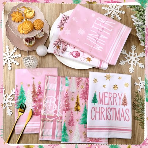 Oudain 6-Pack Pink Christmas Kitchen Towels – 21x14in Microfiber Gift Set, Pastel Pink Winter Decor