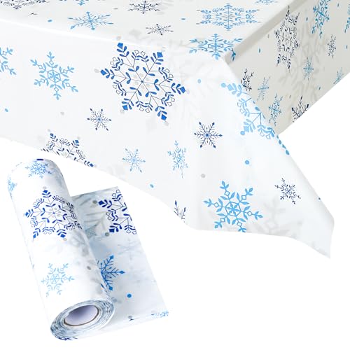 Hosuly Christmas Plastic Tablecloth Roll Disposable White Snowflake