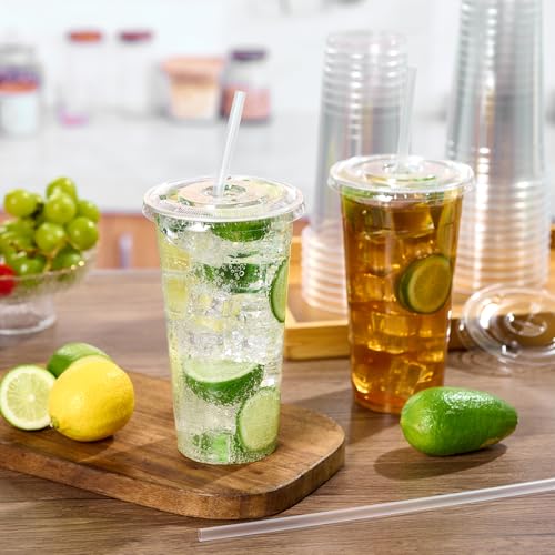 Turbo Bee 100 Pack 32 OZ Clear Plastic Cups with Lids & Straws for Cold Drinks