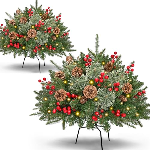 Waipfaru 26-Inch Outdoor Prelit Planter Bushes with Cones & Red Berries - Light Green 2 Pack
