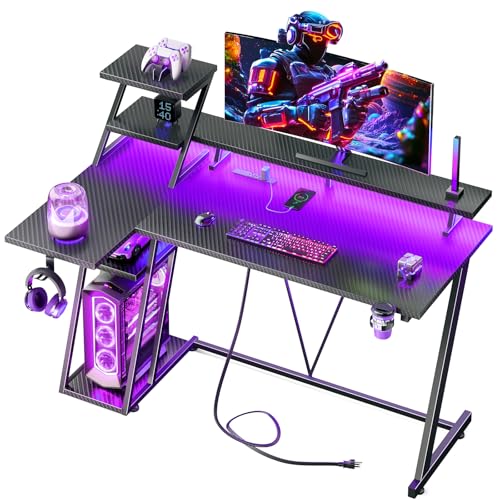 Korfile 40 Inch Gaming Desk with LED RGB Lighting & Power Outlets - Carbon Fiber Black