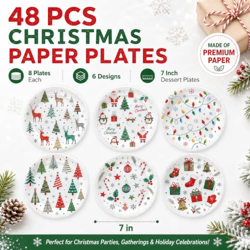 YIPTYBEU 48 Pack Christmas Paper Plates 7 Inch Assorted Holiday Designs - Christmas