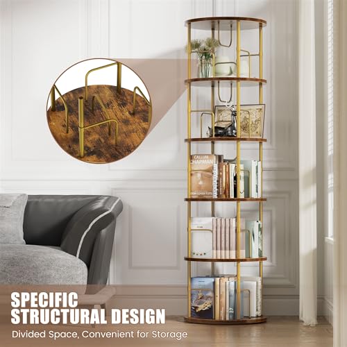 Flycity 5-Tier Rotating Corner Bookshelf - Gold, 360° Spinning Narrow Bookcase