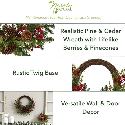 Nearly Natural 22-Inch Artificial Christmas Wreath with Pinecones & Holly Berries