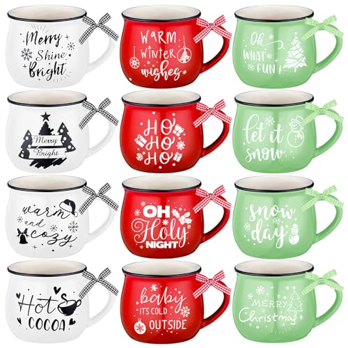 12oz Christmas Mugs Set - 12 Ceramic Coffee Cups in Red, Green & White