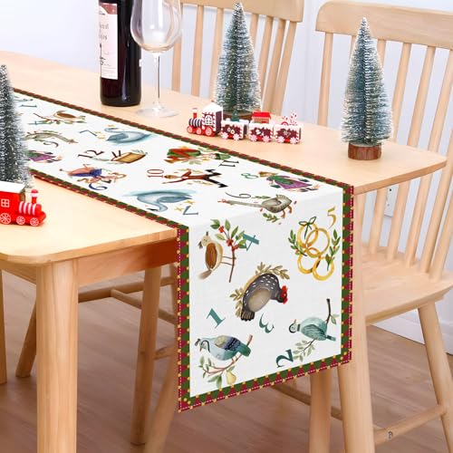 12 Days of Christmas Table Runner - Holiday Xmas Decor with Golden Rings & Doves