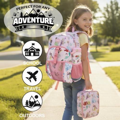 Disney Princess Pink AOP Character 16" Backpack & Lunch Box Set with Stainless Steel Water Bottle