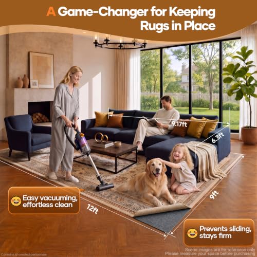 9' x 12' Rug Pad Non Slip Cushioned Gripper with Felt & Silicone Backing - 1/4 Inch Thick Carpet Protector Mat