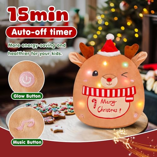 Athoinsu Light up Musical Christmas Elk Soft Plush Pillow 14 Inches Xmas Reindeer Plush Pillow for Toddler Kids Boys Girls Party Home Decorations