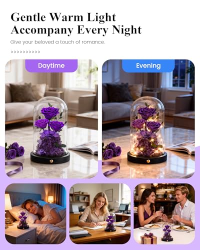 Purple Preserved Rose in Glass Dome - Forever Gift for Women, Mom, Wife, Girlfriend