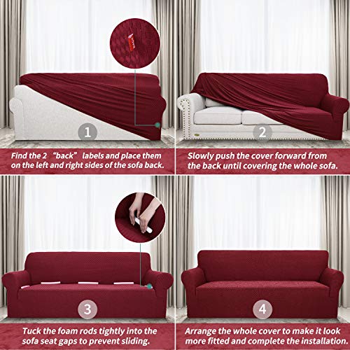 YEMYHOM 31-46" Jacquard Couch Cover - Wine Red, Elastic Slipcover for Sofa/Armchair, Anti-Slip Protector