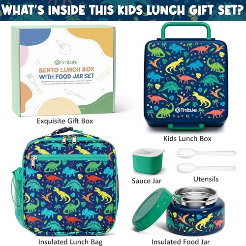 Kids Bento Lunch Box Set with Insulated Bag & Thermo Jar - Jungle Dinosaurs Variation A2
