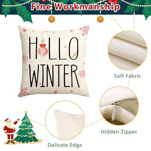 Christmas Pillow Covers 18x18 Inch Set of 4, Nutcracker Pink Hello Winter Let It Snow Christmas Tree Winter Holiday Decor Throw Cushion Case for Home Couch