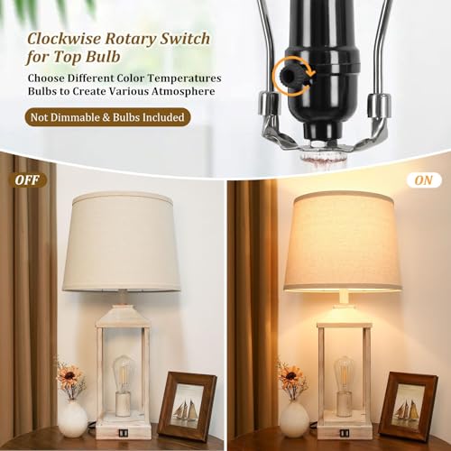 Set of 2 Farmhouse Table Lamps with USB Ports, Dimmable Nightstand Lamps for Bedroom & Living Room