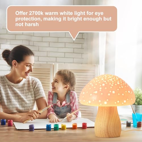 BOHON Pink Mushroom Ceramic Bedside Table Lamp with Warm White LED Bulb