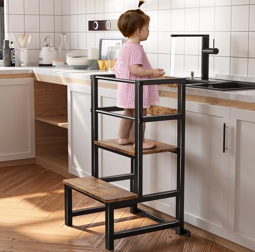 INNOD Wooden Toddler Step Stool with Safety Rail - Adjustable Kitchen & Learning Tower