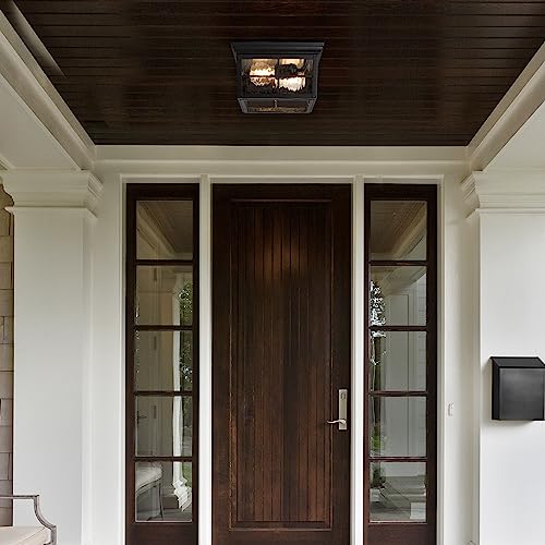 Outdoor Flush Mount Ceiling Light Fixture - Black Water Glass Weatherproof