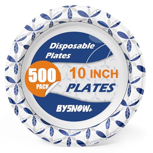 10 Inch Heavy Duty Disposable Paper Plates - 500 Pack, Leakproof & Cut-Resistant - BYSNOW