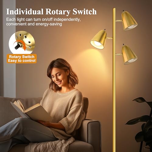QiMH Brushed Gold Tree Floor Lamp with 3 Adjustable Arms & LED Bulbs, Modern Standing Tall Pole Light for Living Room & Bedroom