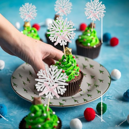 Pink Snowflake Cupcake Toppers 24Pcs Glitter Snowflake Cake Decorations Baby Shower Gender Reveal Winter Christmas Ephlyn