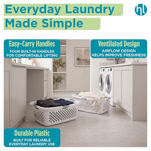 Home Logic 1.5 Bushel Plastic Laundry Basket 4 Pack - Ventilated Collapsible Hamper with Handles for Bedroom Bathroom Closet