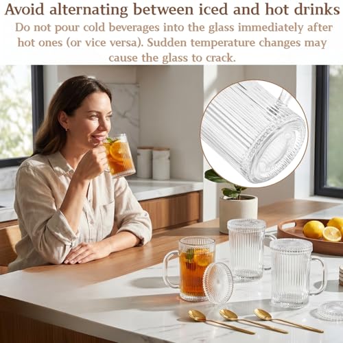 Noamus 4-Pack 13oz Glass Coffee Mugs with Lids & Spoons - Clear Drinking Set