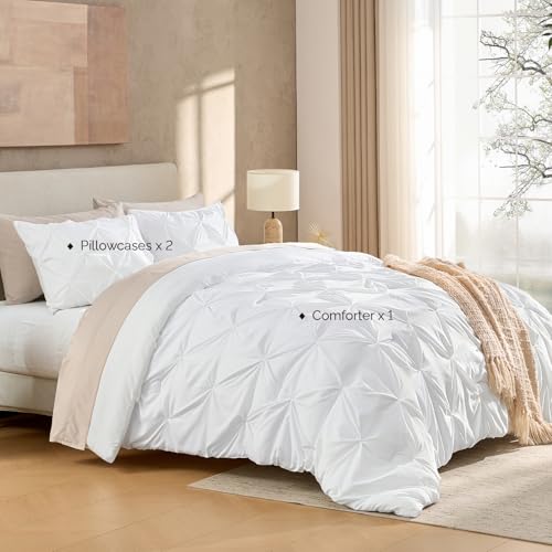 Andency White Full Pinch Pleat Comforter Set 3-Piece Bedding, 79x90"