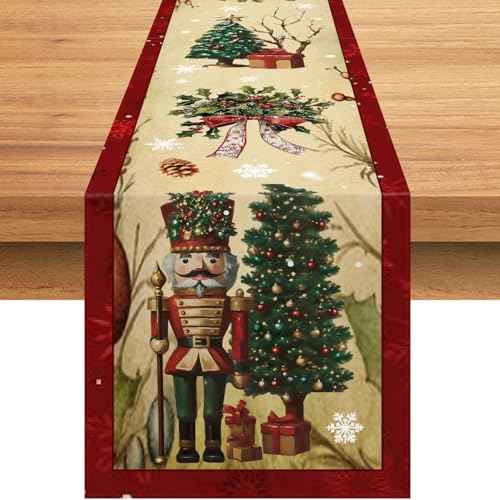 Vintage Christmas Decoration Table Runner 72 Inches Holiday Soldier Table Runner Retro Christmas Tree and Wreath Holiday Decoration Kitchen Dining Decorations for Home Decor