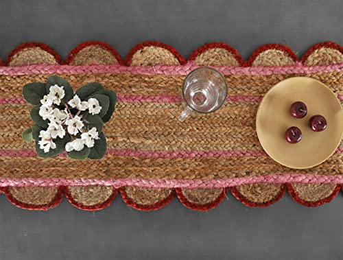 Madhu International Handwoven Jute Table Runner 13x48 Inch with Pink & Red Border, Scalloped Edge, Farmhouse & Boho Decor