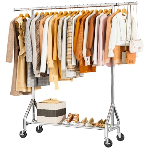 HYSEYY Silver Heavy Duty Clothes Rack | 450 LBS Capacity, Rolling Garment Stand with Shelves & Wheels